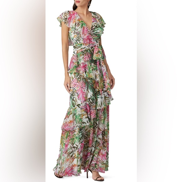 Badgley Mischka Dresses & Skirts - BADGLEY MISHKA 8 EASTER Resort Wedding Coastal Palm Ruffle Pink Green Maxi Dress